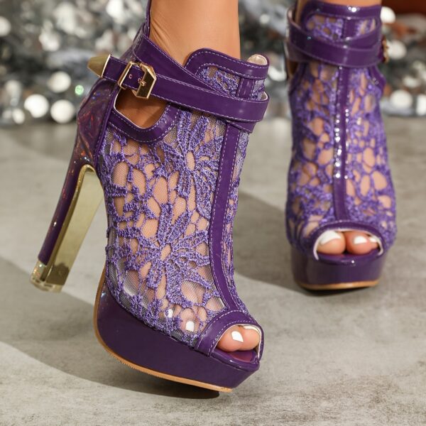 Chic Black Lace Mesh Peep-Toe Sandals for Women - High Block Heel