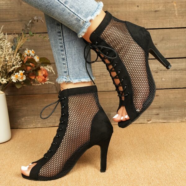 Elegant Black Mesh Ankle Boots with Peep Toe and Lace-Up Design