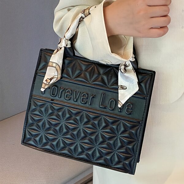 Fashionable Quilted Square Tote Bag with Letter Pattern and Skinny Scarf Decor