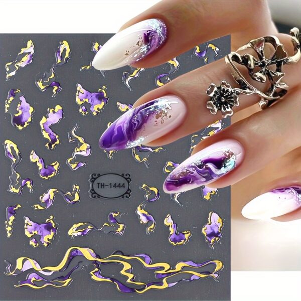 3pcs FULL BEAUTY Nail Art Stickers, 3D Marble Blue Wave Smoke Design