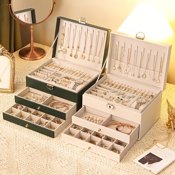 1pc Elegant 3-Layer Faux Leather Jewelry Organizer Box with Lock
