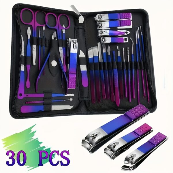 30pcs Stainless Steel Manicure Set in Dazzling Purple & Blue - Modern Style Nail Clippers