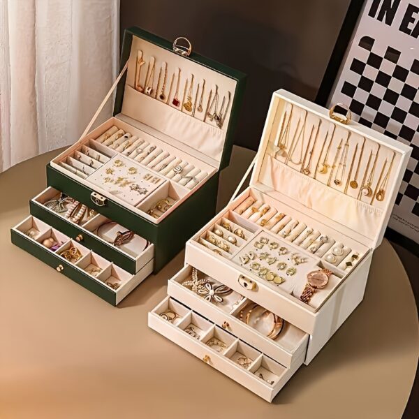 1pc Elegant 3-Layer Faux Leather Jewelry Organizer Box with Lock