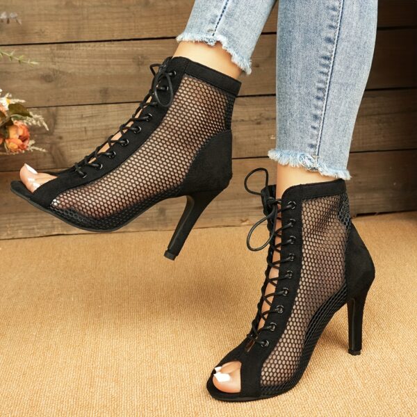 Elegant Black Mesh Ankle Boots with Peep Toe and Lace-Up Design