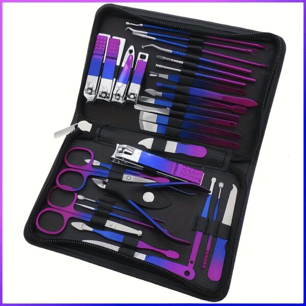 30pcs Stainless Steel Manicure Set in Dazzling Purple & Blue - Modern Style Nail Clippers