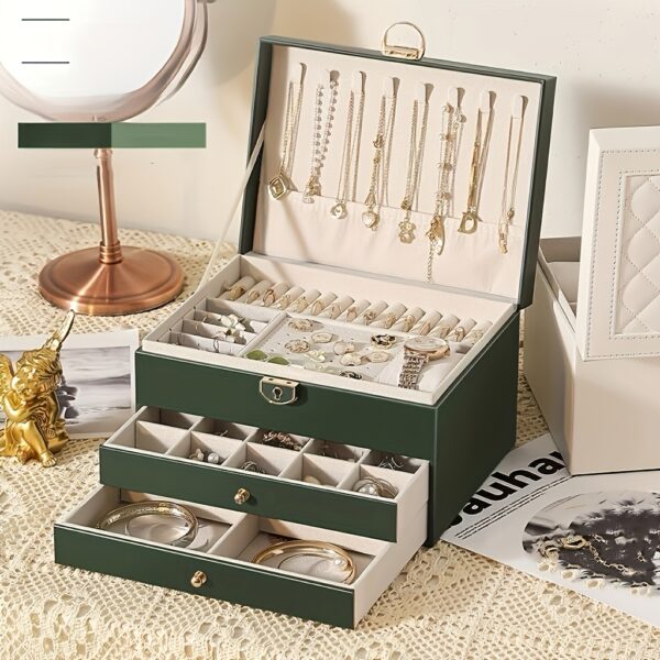 1pc Elegant 3-Layer Faux Leather Jewelry Organizer Box with Lock