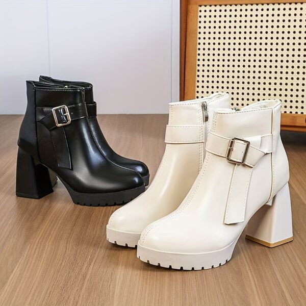 Elegant White Ankle Boots with Metallic Buckle Accent