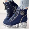 Women's Solid Color Denim Boots, Lace Up Trendy Platform Comfy Shoes