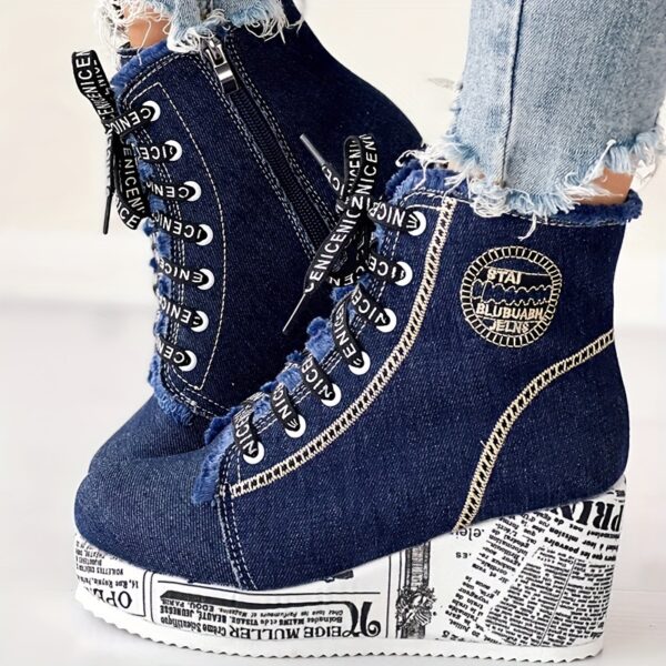 Women's Solid Color Denim Boots, Lace Up Trendy Platform Comfy Shoes