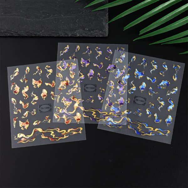 3pcs FULL BEAUTY Nail Art Stickers, 3D Marble Blue Wave Smoke Design