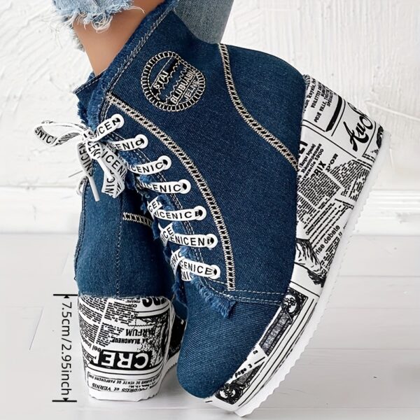 Women's Solid Color Denim Boots, Lace Up Trendy Platform Comfy Shoes