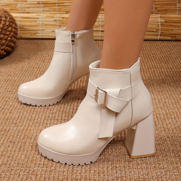 Elegant White Ankle Boots with Metallic Buckle Accent