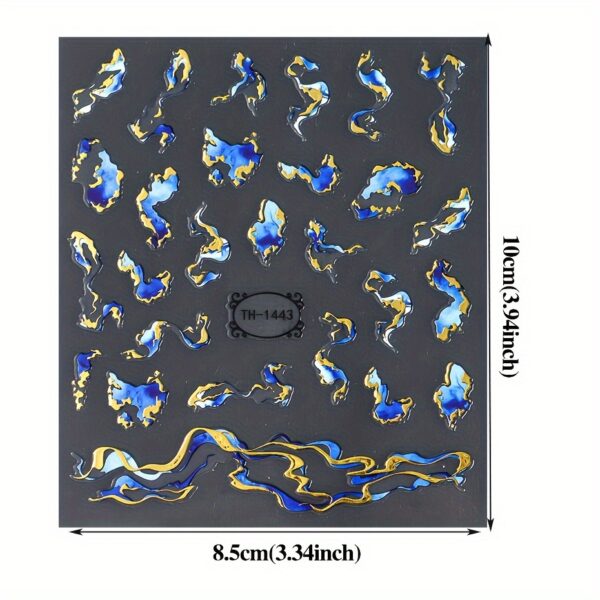 3pcs FULL BEAUTY Nail Art Stickers, 3D Marble Blue Wave Smoke Design