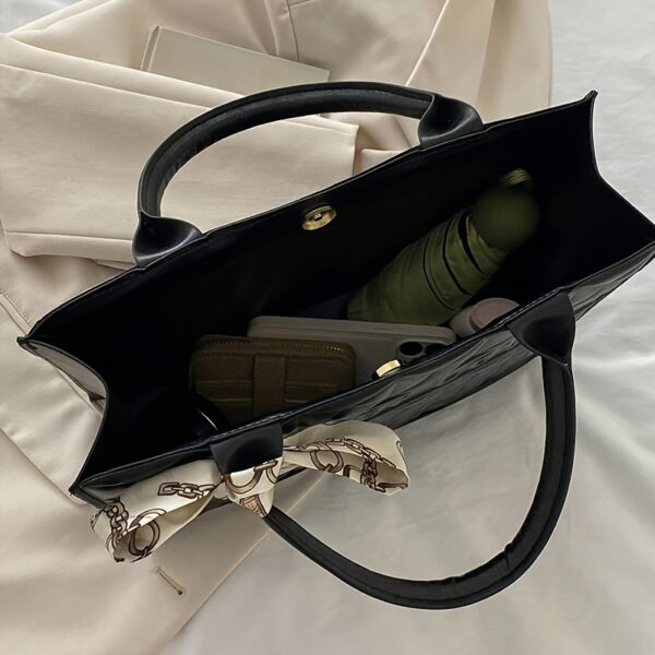 Fashionable Quilted Square Tote Bag with Letter Pattern and Skinny Scarf Decor