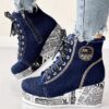 Women's Solid Color Denim Boots, Lace Up Trendy Platform Comfy Shoes