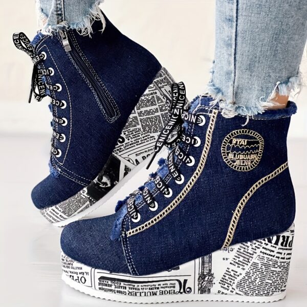 Women's Solid Color Denim Boots, Lace Up Trendy Platform Comfy Shoes
