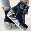 Women's Solid Color Denim Boots, Lace Up Trendy Platform Comfy Shoes