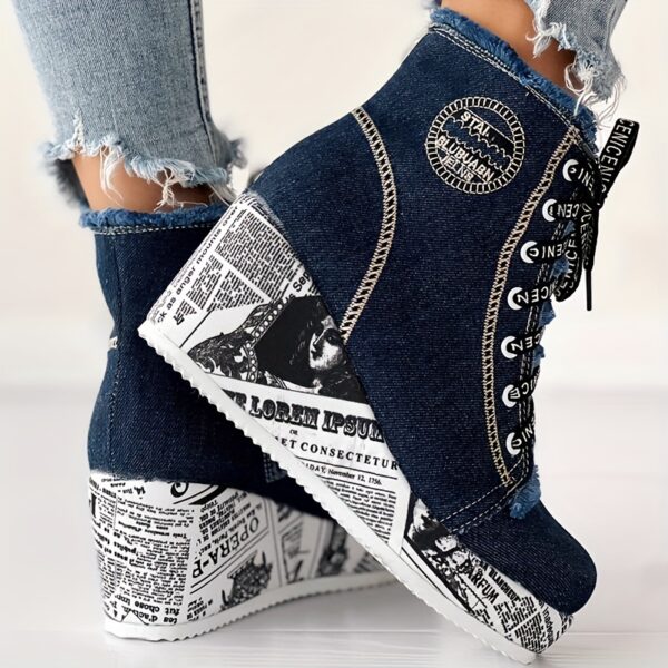 Women's Solid Color Denim Boots, Lace Up Trendy Platform Comfy Shoes