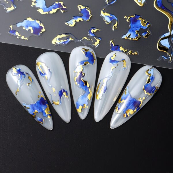 3pcs FULL BEAUTY Nail Art Stickers, 3D Marble Blue Wave Smoke Design