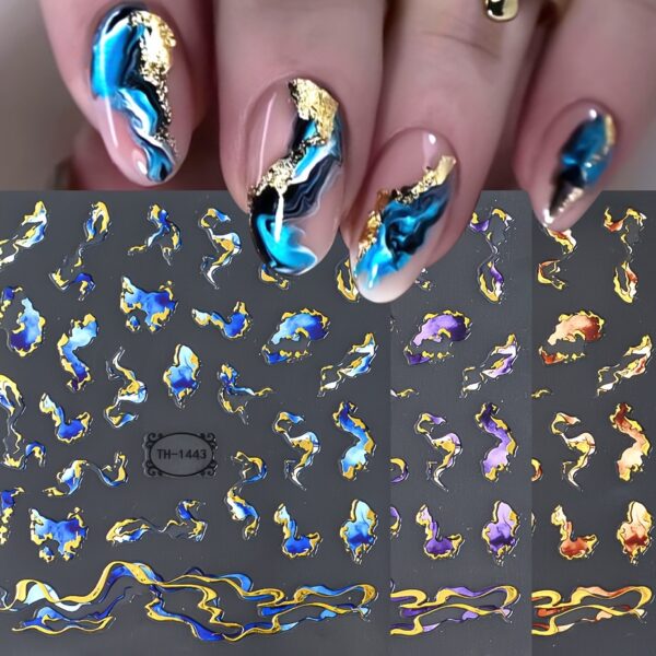 3pcs FULL BEAUTY Nail Art Stickers, 3D Marble Blue Wave Smoke Design