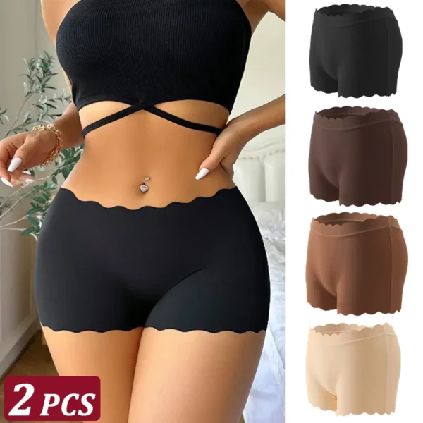 2PCS Women's Panties Seamless Wavy Edge Silk Satin Boxers Underwear