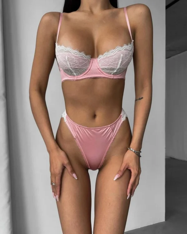 Women's Satin Push Up Bra Pantie Sexy Sheer Lace Underwear Set
