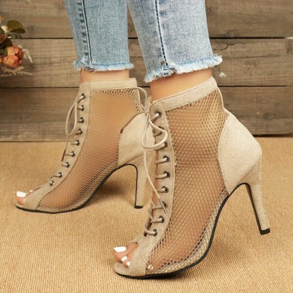 Elegant Black Mesh Ankle Boots with Peep Toe and Lace-Up Design
