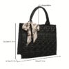Fashionable Quilted Square Tote Bag with Letter Pattern and Skinny Scarf Decor