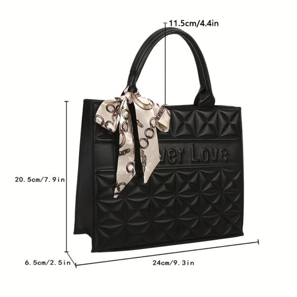 Fashionable Quilted Square Tote Bag with Letter Pattern and Skinny Scarf Decor