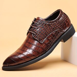 1pair Men'S Crocodile Pattern Faux Oxfords - Pointed Toe Low Top Dress Shoes with Rubber Sole for Business, Casual, Street Style - All-Season Lace-Up for Outdoor, Wedding, England