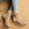 Elegant Black Mesh Ankle Boots with Peep Toe and Lace-Up Design