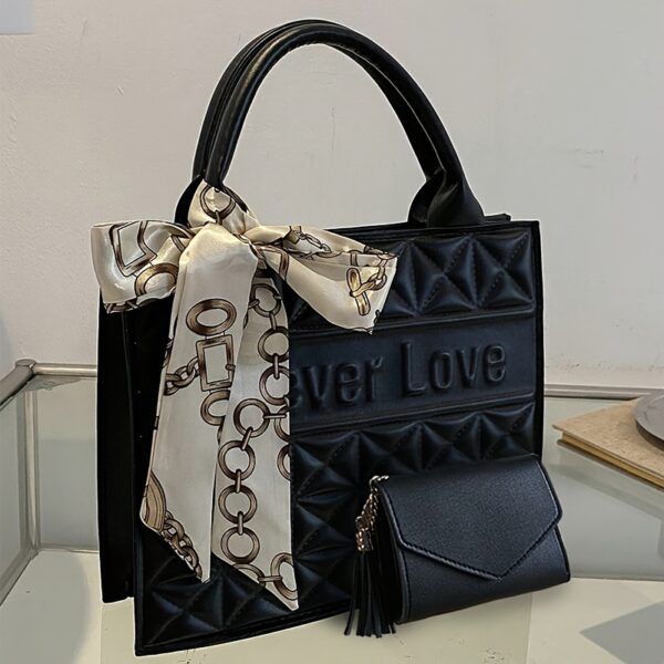 Fashionable Quilted Square Tote Bag with Letter Pattern and Skinny Scarf Decor