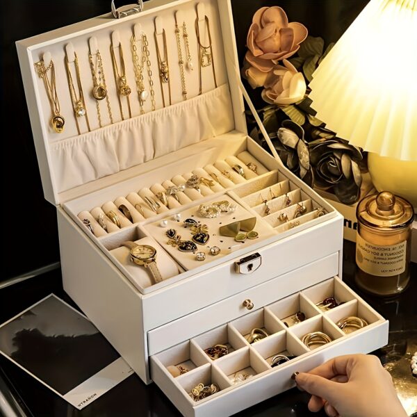 1pc Elegant 3-Layer Faux Leather Jewelry Organizer Box with Lock