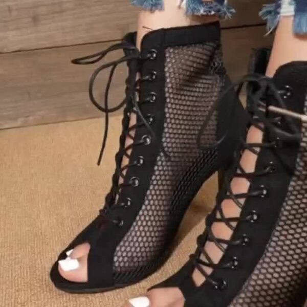 Elegant Black Mesh Ankle Boots with Peep Toe and Lace-Up Design