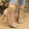 Elegant Black Mesh Ankle Boots with Peep Toe and Lace-Up Design