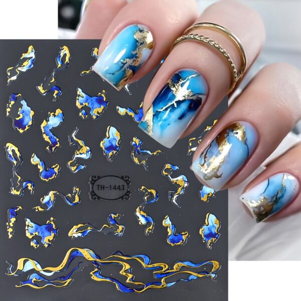 3pcs FULL BEAUTY Nail Art Stickers, 3D Marble Blue Wave Smoke Design