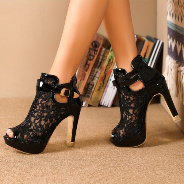 Chic Black Lace Mesh Peep-Toe Sandals for Women - High Block Heel