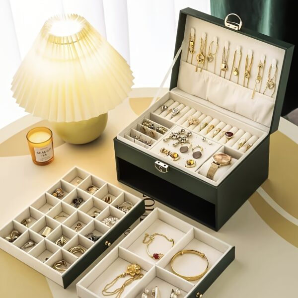 1pc Elegant 3-Layer Faux Leather Jewelry Organizer Box with Lock