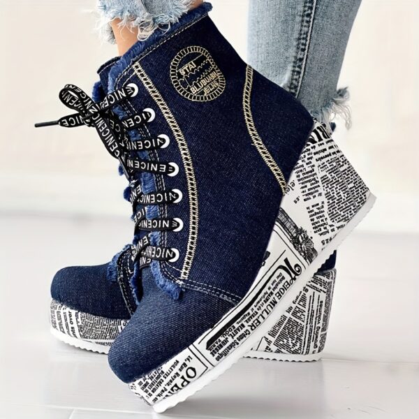 Women's Solid Color Denim Boots, Lace Up Trendy Platform Comfy Shoes