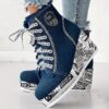 Women's Solid Color Denim Boots, Lace Up Trendy Platform Comfy Shoes