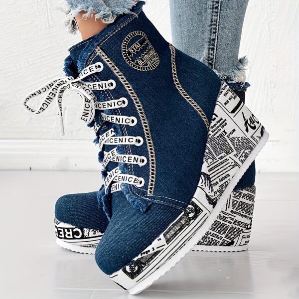 Women's Solid Color Denim Boots, Lace Up Trendy Platform Comfy Shoes