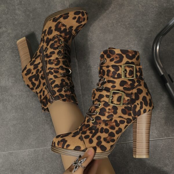 Women'S Leopard Print Ankle Boots - Sexy Block Heel with Round Toe