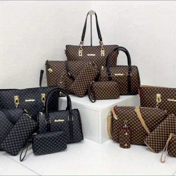 6 Pcs Allover Printed Boston Handbag & Purse Set, PU Leather Zipper Shoulder Bag, Multi-functional Leisure Commuter Bag