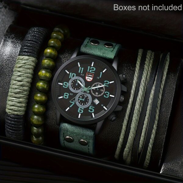 4pcs Watch And Bracelet Set, Men's Casual Quartz Wrist Watch Men's PU Strap Watch And 3pcs Bangle Set, Ideal choice for Gifts