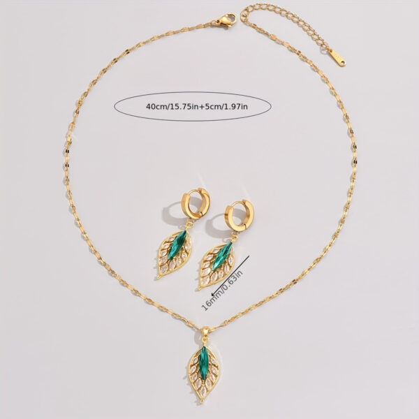 3pcs Gold-plated Grandmother Green Inlaid Rhinestone Leaf Earrings Necklace