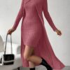 Ribbed Mock Neck Split Hem Matching Two-piece Set, Casual Long Sleeve Top & Dress Outfits, Women's Clothing