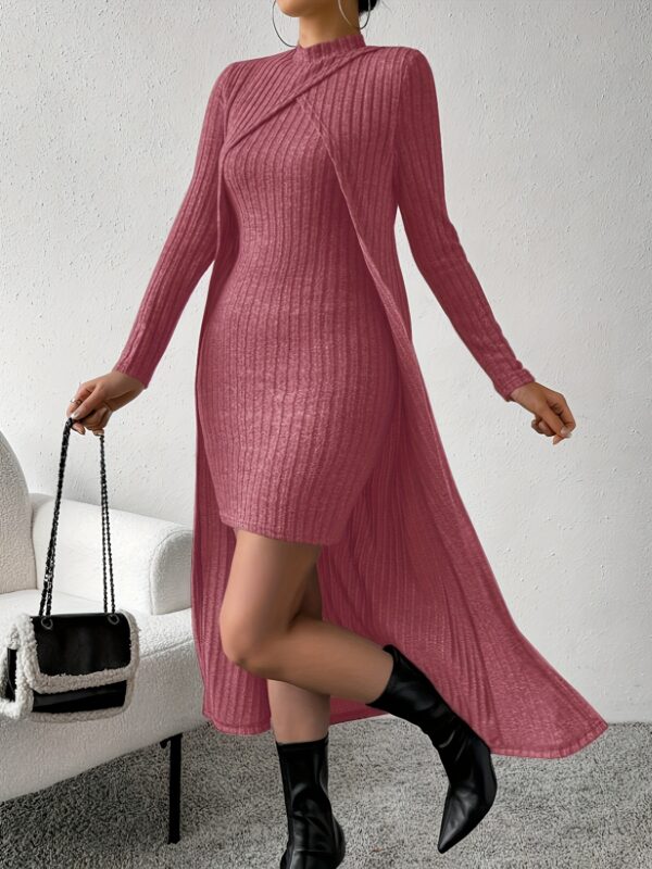 Ribbed Mock Neck Split Hem Matching Two-piece Set, Casual Long Sleeve Top & Dress Outfits, Women's Clothing