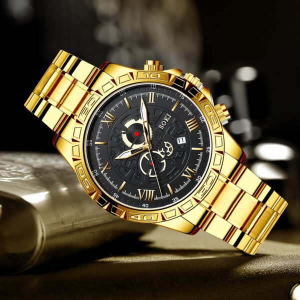 3pcs/set, Men's Stainless Steel Casual Trend Disc Calendar Quartz Watch And Lion Head Necklace Bracelet Set