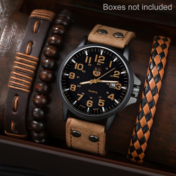4pcs Watch And Bracelet Set, Men's Casual Quartz Wrist Watch Men's PU Strap Watch And 3pcs Bangle Set, Ideal choice for Gifts