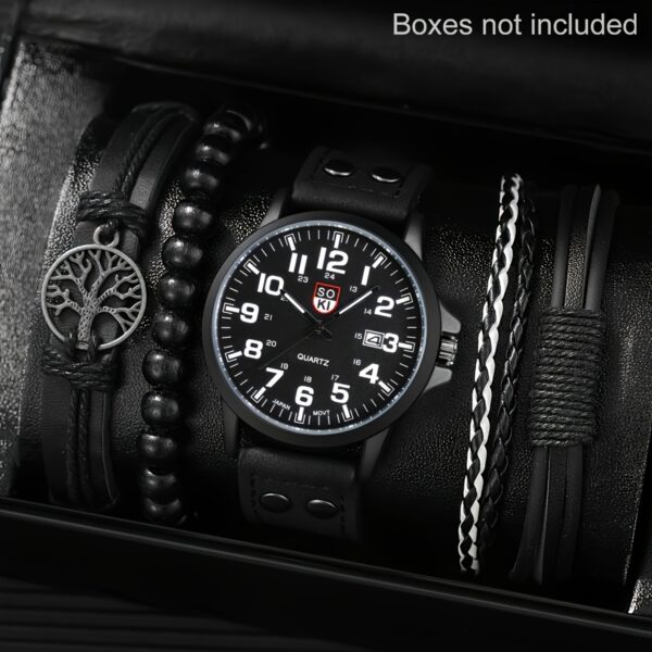 4pcs Watch And Bracelet Set, Men's Casual Quartz Wrist Watch Men's PU Strap Watch And 3pcs Bangle Set, Ideal choice for Gifts